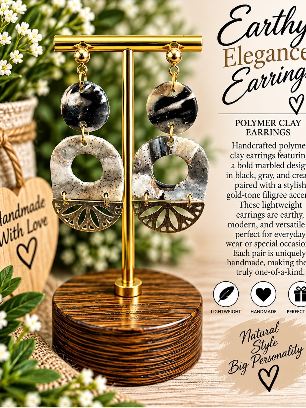 Earthy Marbled Polymer Clay Dangle Earrings in Black, Gray & Cream